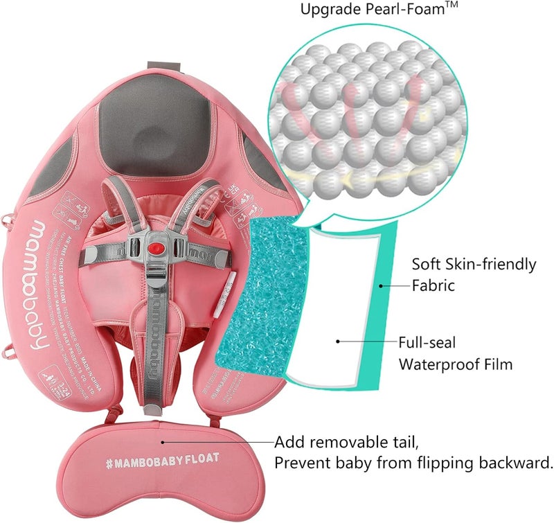AnjeeIOT Mambobaby Float with Canopy Baby Float Non-Inflatable Baby Pool Float Solid Swimming Float Upgraded Add Tail Never Flip Over for Infant 3-24 Months, Pink - Image 2